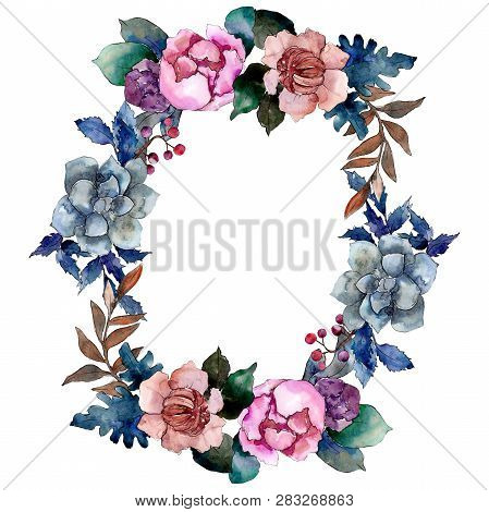 Peony And Succulent Bouquet Floral Flower. Watercolor Background Illustration Set. Frame Border Orna