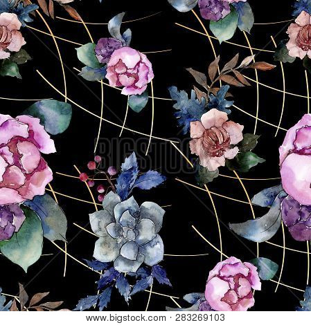 Peony And Succulent Bouquet Floral Flower. Watercolor Background Illustration Set. Seamless Backgrou