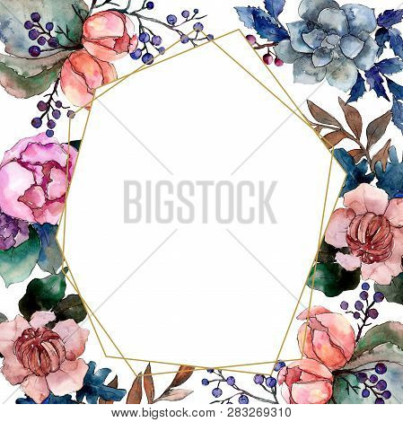Peony And Succulent Bouquet Floral Flower. Watercolor Background Illustration Set. Frame Border Orna