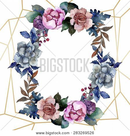 Peony And Succulent Bouquet Floral Flower. Watercolor Background Illustration Set. Frame Border Orna