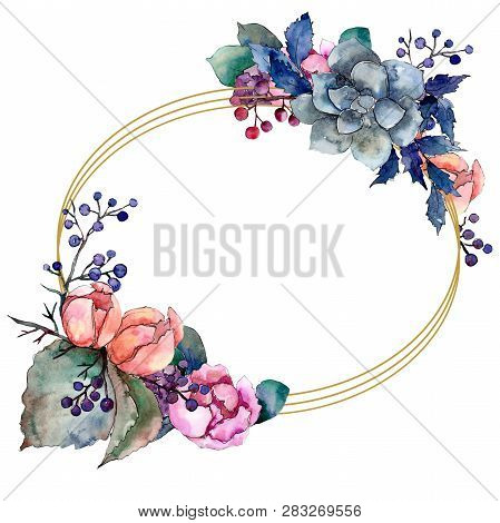 Peony And Succulent Bouquet Floral Flower. Watercolor Background Illustration Set. Frame Border Orna