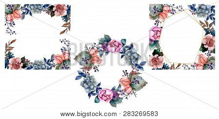 Peony And Succulent Bouquet Floral Flower. Watercolor Background Illustration Set. Frame Border Orna