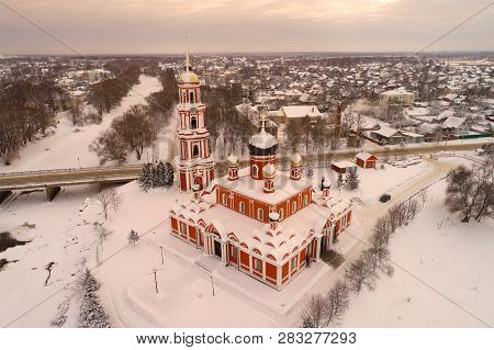 January Evening Over The Resurrection Cathedral (aerial Survey). Staraya Russa, Russia