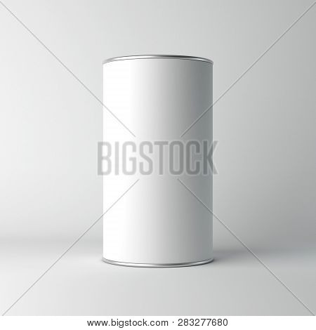 White Cardboard Blank Tin Can Packaging Mockup. Tea, Coffee, Dry Products, Gift Box. 3d Rendering