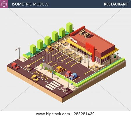 Vector Isometric Restaurant Or Pizzerie Building With Sale Sign Board.