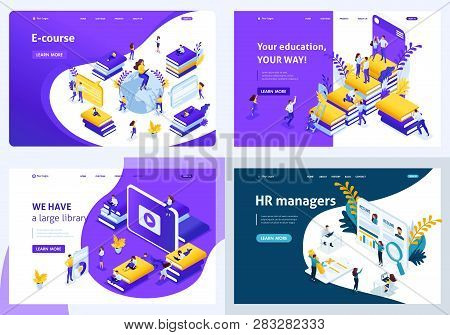 Set Colorful Isometric Concept E-courses, Education, Hr Manager, Library. Easy To Edit And Customize