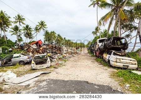 Funafuti, Tuvalu - Dec 28 2014: Garbage Dump, Landfill On Polynesian Atoll, Oceania, South Pacific O