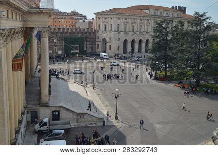 Verona City Hall Square Photographed From The Inside Of The Verona Arena Theater In Verona. Travel, 