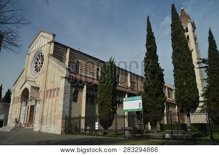 Main Facade And Bell Tower Of The Basilica Of San Zenon In Verona. Travel, Holidays, Architecture. M