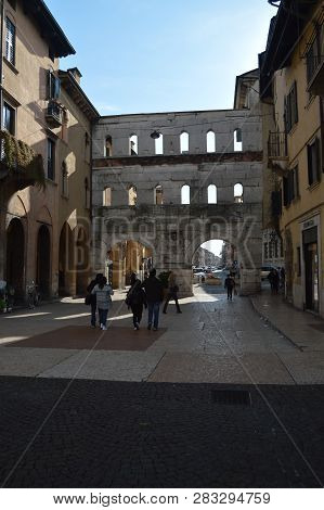 Porta Borsari At Sunset In Verona At Bra Square In Verona. Travel, Holidays, Architecture. March 30,