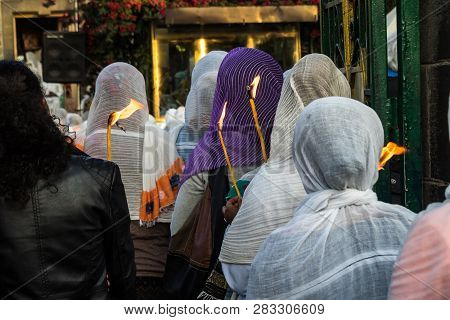 Ethiopian Women Praying In Miskaye Hizunan Medhanealem In Addis Ababa Ethiopia