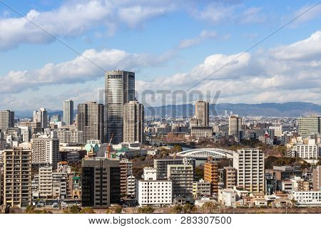 Osaka , Japan - February 1, 2019 : Osaka City Scape At Daytime . Taken A Photo From View Point On Hi
