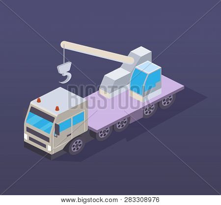 Realistic Urban Transport, 3d Isometric. Truck With Crane For Loading.