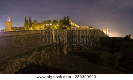 Badajoz Arabic Citadel At Night. East Side View With Merida Door And Espantaperros Tower