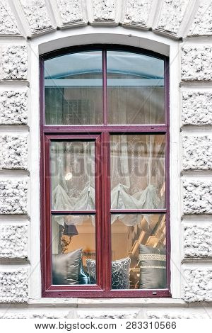 Window With Arch On The Background Of The Wall Of Gray With Stucco. From A Series Of St. Petersburg 