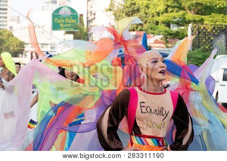 Pattaya, Thailand - February 9, 2019: Lgbt Oriented People Wear Cloth Write Equality Now Take Part I