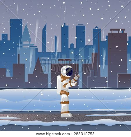 Astronaut On Street In Big City In The Snow
