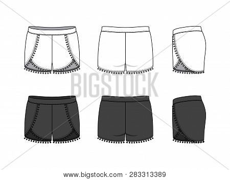 Blank Clothing Templates Of Women Pompom Beach Shorts In Front, Side, Back Views. Vector Illustratio