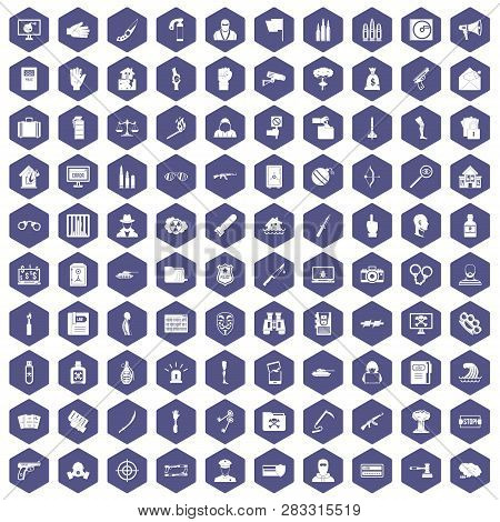 100 Violation Icons Set In Purple Hexagon Isolated Illustration