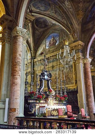 Asti, Italy - January 1, 2019. Altar Of The Saint Secondo Catholic Church, Collegiate  Di San Second