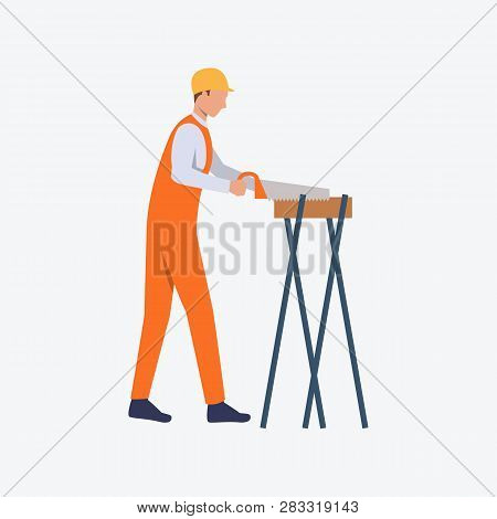 Carpenter With Hand Saw Flat Icon. Handyman, Worker, Woodwork. Labor Concept. Can Be Used For Topics