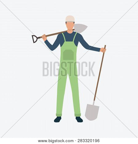 Worker With Two Shovels Flat Icon. Spade, Overall, Uniform, Cap. Labor Concept. Can Be Used For Topi