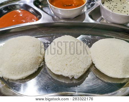 Masala Dosa And Idli Dosa Food Closeup With Selective Focus And Crop Fragment. It Is A Popular South