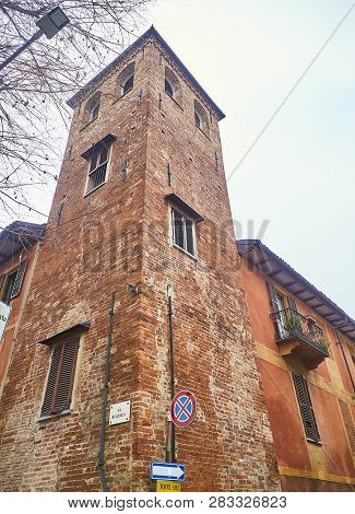 Asti, Italy - January 1, 2019. Torre Dei Natta Tower. View From The Via Milliavacca With Via Natta C