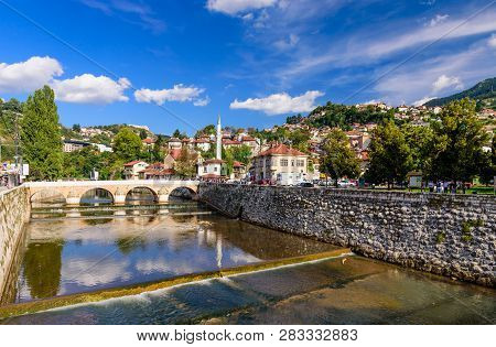 Sarajevo City, Bosnia And Herzegovina - September 10, 2018: View Of The Historic Centre Of Sarajevo,