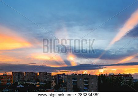 Gorgeous Sunset Over Odintsovo Town. Colorful Cloudscape. Moscow Region. Russia.
