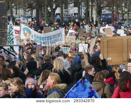 Malieveld, The Hague, The Netherlands - February 7 2019: School Children And Youth At Climate Change