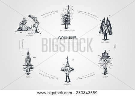 Countries - Finland, United Kingdom, Germany, France, Russia, China Vector Concept Set. Hand Drawn S