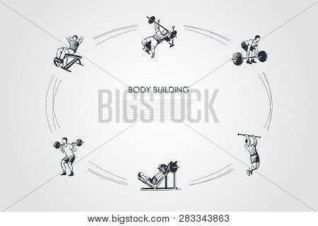 Body Building - Man Making Exercises With Barbell In Gym Vector Concept Set. Hand Drawn Sketch Isola