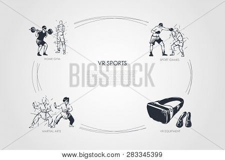 Vr Sports - Home Gym, Sport Games, Martial Arts, Vr Equipment Vector Concept Set. Hand Drawn Sketch 