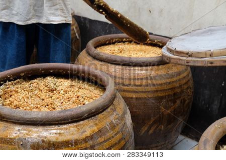 Salted Soybean Paste In Jar. Soy Miso Production