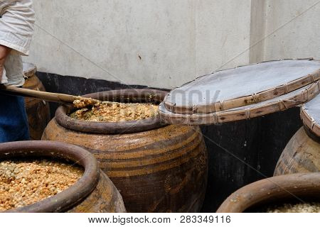 Salted Soybean Paste In Jar. Soy Miso Production