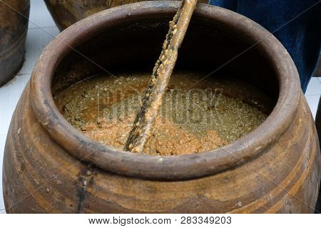 Salted Soybean Paste In Jar. Soy Miso Production