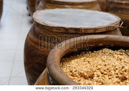 Salted Soybean Paste In Jar. Soy Miso Production