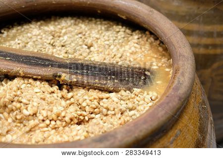 Salted Soybean Paste In Jar. Soy Miso Production
