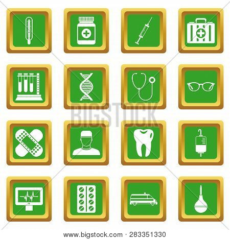 Medicine Icons Set In Green Color Isolated Illustration For Web And Any Design
