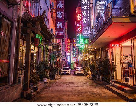 Zhangjiajie/china - 14 October 2018:beautiful City Of Zhangjiajie City In The Night In Holiday Time.