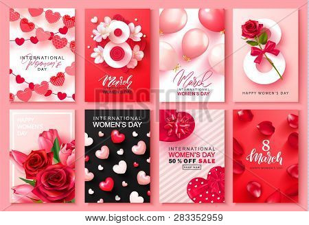 8 March International Womens Day Set Of Cards. Background For Website , Posters, Ads, Coupons, Promo