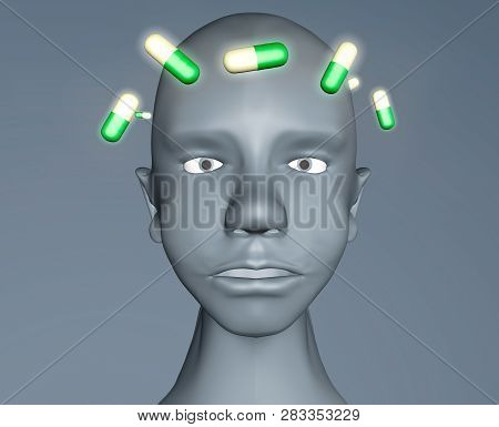 3d Illustration Of Human Head In Depression Mental Disorded With Antisepressant Pills Around On Gray