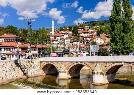 Sarajevo City, Bosnia And Herzegovina - September 10, 2018: View Of The Historic Centre Of Sarajevo