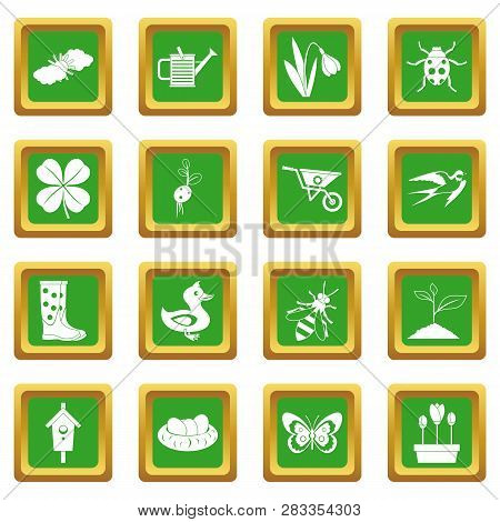 Spring Icons Set In Green Color Isolated Illustration For Web And Any Design