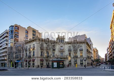 Albacete, Spain, February 2017: View Of A Street In The Center Of City Albacete, In Castile La Manch