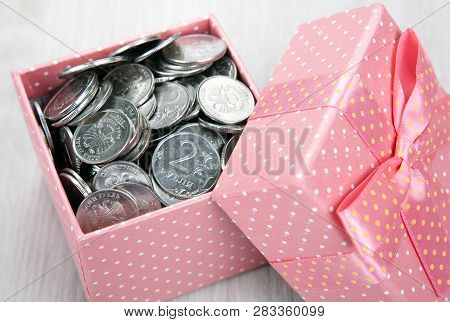 Open Pink Gift Box With Russian Ruble Coins Close Up