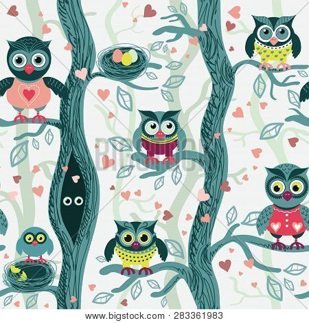 Owls In Spring Seamless Pattern In Scandinavian Style. Owls On A Tree In A Spring Forest. Birds Wait