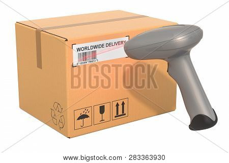 Barcode Reader Scanning Bar Code From Parcel, 3d Rendering Isolated On White Background