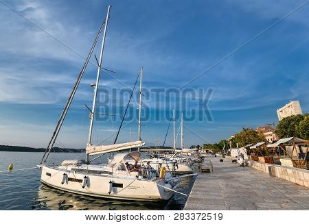 Rovinj, Croatia - May 22, 2018: Pier In Coastal Town Of Rovinj, Istria, Croatia. Rovinj - Beautiful 
